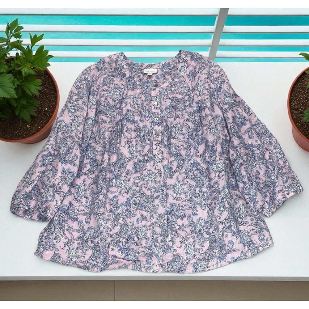 J. Jill Love Linen Pink Paisley Linen Pintuck Popover Top Womens Size XL Beach